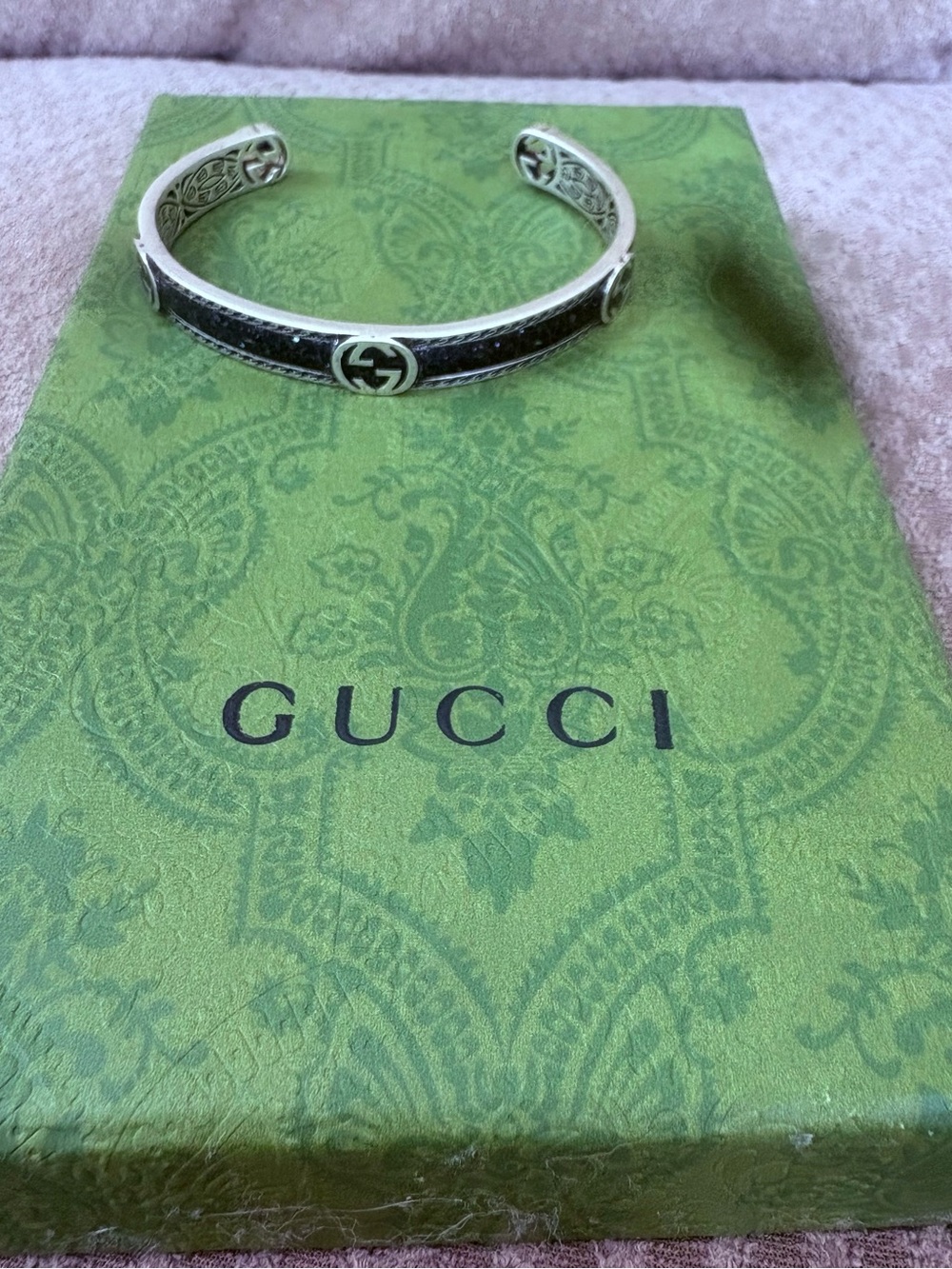Gucci Sterling Silver and Black GG Engraved Cuff Bracelet | Box & Dust Bag